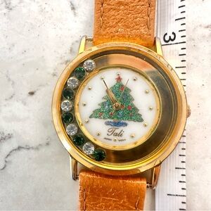 Vintage Tali Christmas Tree Rhinestone Analog Watch Women Quartz Leather